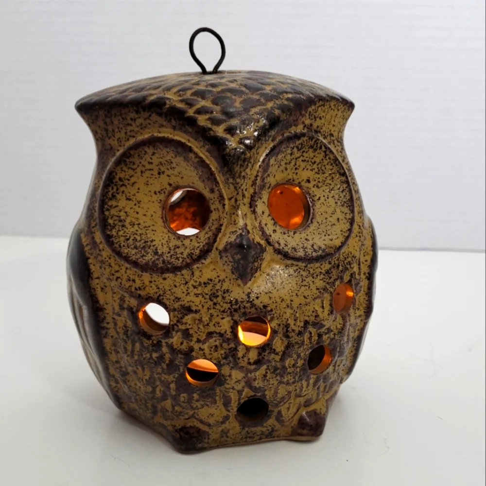 Vintage Ceramic Owl Lantern Tealight Candleholder w Loop for Hanging 1970s